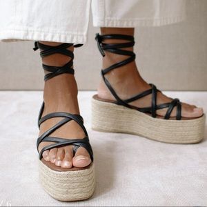 ALOHAS Paw Paw Black Espadrille Lace Up Platform Sandals Size 36